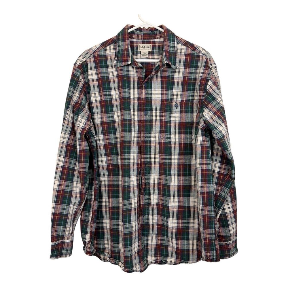 VTG LL Bean Button Up Shirt Mens Sz L Long Sleeve Red Green Plaid Acadamia
